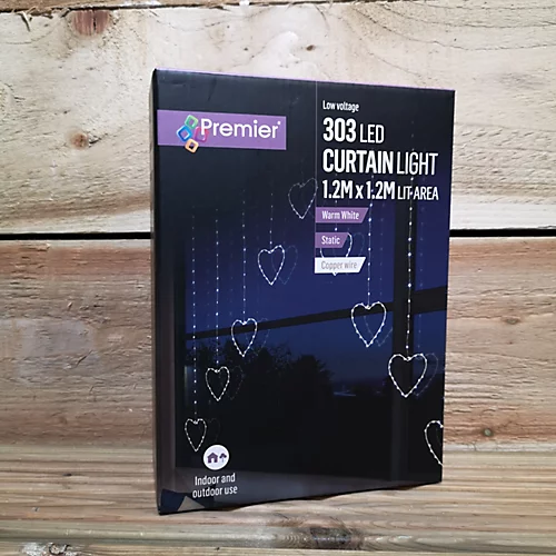 1.2m Premier Christmas Static Heart LED Silver Pin Wire V Curtain Lights In Warm White 4 1.2m Premier Christmas Static Heart LED Silver Pin Wire V Curtain Lights In Warm White - Image 4