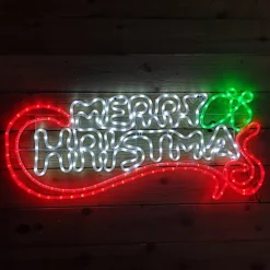 102 X 44cm Merry Christmas Red & White Rope Light Silhouette With Flashing Green Holly Leaves