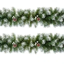 2 X Artificial Christmas Garland Snow Tipped White Berry And Pine Cone Green Garland 2.7M