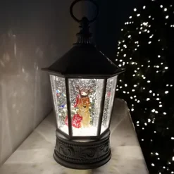 26cm Snowtime Dual Power LED Christmas Glitter Water Spinner Black Lantern Cute Dog Scene