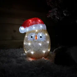 30cm Acrylic Lit Owl Outdoor Christmas Battery Decoration With Timer In White
