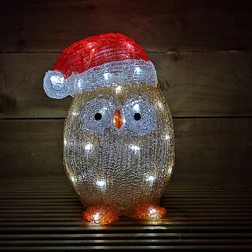 30cm Acrylic Lit Owl Outdoor Christmas Battery Decoration With Timer In White 2 30cm Acrylic Lit Owl Outdoor Christmas Battery Decoration With Timer In White - Image 2
