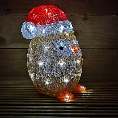 30cm Acrylic Lit Owl Outdoor Christmas Battery Decoration With Timer In White 3 30cm Acrylic Lit Owl Outdoor Christmas Battery Decoration With Timer In White - Image 3