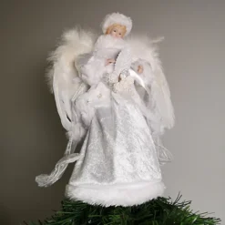 30cm White Velvet Angel Christmas Tree Topper With Feather Wings