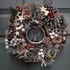 36cm Wooden Christmas White Berries Stars Bells And Grey Pine Cone Door Wreath