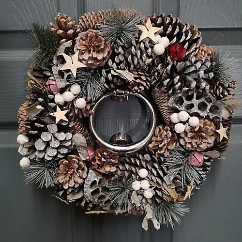 36cm Wooden Christmas White Berries Stars Bells And Grey Pine Cone Door Wreath 1 36cm Wooden Christmas White Berries Stars Bells And Grey Pine Cone Door Wreath