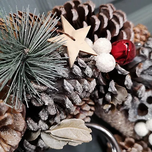 36cm Wooden Christmas White Berries Stars Bells And Grey Pine Cone Door Wreath 2 36cm Wooden Christmas White Berries Stars Bells And Grey Pine Cone Door Wreath - Image 2