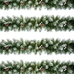 4 X Artificial Christmas Garland Snow Tipped White Berry And Pine Cone Green Garland 2.7M