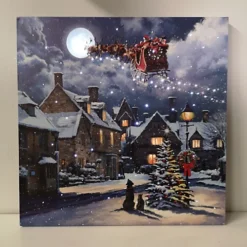 40 X 40cm Snowtime Christmas Santa Dog Street Scene Touch Operated Lit Canvas