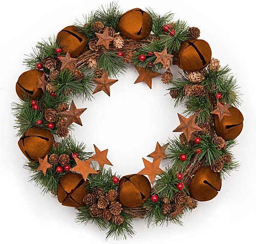 40cm Bells Stars Pine Green Christmas Wreath 3 40cm Bells Stars Pine Green Christmas Wreath - Image 3