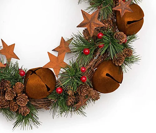 40cm Bells Stars Pine Green Christmas Wreath 4 40cm Bells Stars Pine Green Christmas Wreath - Image 4
