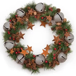 40cm Bells Starsand Pine Green Christmas Wreath