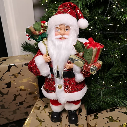 40cm Luxury Traditional Standing Red Sequin Santa With Sack Christmas Decoration 1 40cm Luxury Traditional Standing Red Sequin Santa With Sack Christmas Decoration