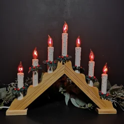 40cm Premier Christmas Candlebridge With 7 Flickering Bulb In Light Wood Finish Mains Operated