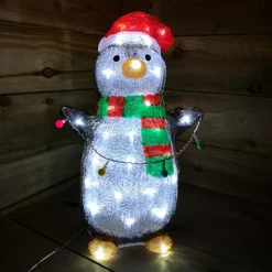 45cm Cool White LED Acrylic Christmas Penguin With Flashing Multi Colour String Light