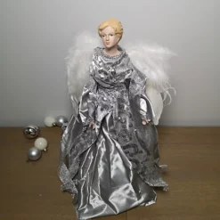 45cm Premier Christmas Tree Topper Angel Decoration In Grey And Silver