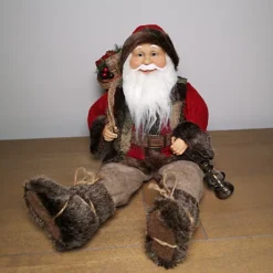 45cm Sitting Santa Claus Father Christmas Figurine With Lantern & Basket