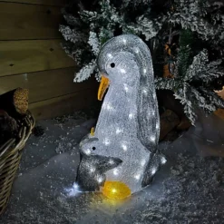 47cm Christmas Acrylic Penguin Mother & Chick 60 Ice White LEDs Indoor Outdoor