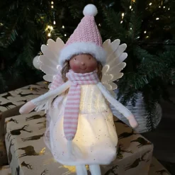 50cm Premier Christmas Lit Sitting Angel Decoration With Dangly Legs In Pink