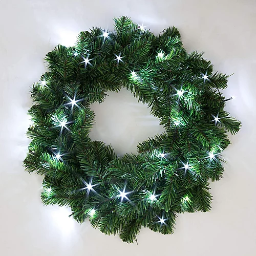 55cm Pre-Lit Green Christmas Wreath Alaskan Pine With 30 Ice White LEDs 1 55cm Pre-Lit Green Christmas Wreath Alaskan Pine With 30 Ice White LEDs