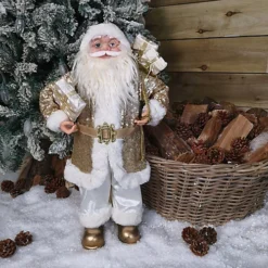 60cm Standing Santa Christmas Decoration In White And Gold Suit With Gifts
