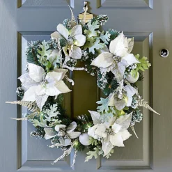 60cm White & Silver Effect Pre-lit Poinsettia Christmas Wreath