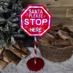 65cm Light Up Christmas Red And White Santa Stop Here Outdoor Sign With 45 Multi Colour LED