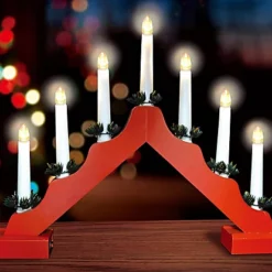 7 LED Wooden Christmas Candle Bridge Battery Operated Indoor Xmas Festive Pre-Lit Warm White Light Window Decoration Arch Red
