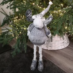 70cm Grey Plush Christmas Moose Reindeer Decoration In Knitted Jumper With Extendable Legs
