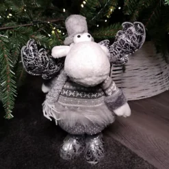 70cm Grey Plush Christmas Moose Reindeer Decoration In Striped Jumper With Extendable Legs