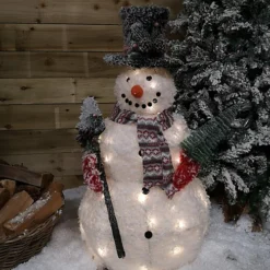90cm Battery Operated LED Snowman Holding Shovel & Tree Indoor Christmas Decoration