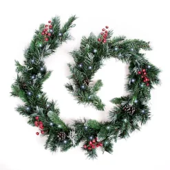 Best Artificial 9ft Deluxe Frosted Christmas Garland With Pine Cones, Winter Red Berries & 80 Bright White Battery Lights