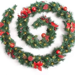 Best Artificial Christmas 12ft Red Decorated Garland With 100 Warm White Battery Lights