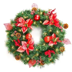 Best Artificial Christmas 60cm Red Decorated Wreath With 30 Bright White LED Battery Lights