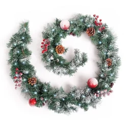 Best Artificial Christmas 6ft Frosted Red Garland With 50 Bright White Battery Lights