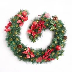 Best Artificial Christmas 6ft Red Decorated Garland With 50 Warm White Battery Lights