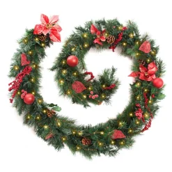 Best Artificial Christmas 9ft Red Decorated Garland With 80 Warm White Battery Lights
