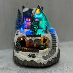 Christmas House And Tree Scene Ornament With Lights Moving Train And Sound