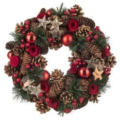 CHRISTMAS VILLAGE Christmas Festive Wreath - Christmas Wreath For Front Door, Home Decoration, Cones & Baubles - Red/32 Cm