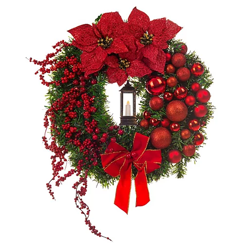 CHRISTMAS VILLAGE Christmas Festive Wreath - Christmas Wreath For Front Door, Home Decoration Lantern, Bows & Baubles 1 CHRISTMAS VILLAGE Christmas Festive Wreath - Christmas Wreath For Front Door, Home Decoration Lantern, Bows & Baubles