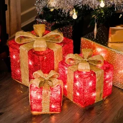 CHRISTMAS VILLAGE Decorative Christmas Parcel Light Up Set With Bow, Perfect Indoor & Outdoor Xmas Decoration Lights - Set Of 3