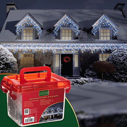 CHRISTMAS VILLAGE White & Blue Outdoor Christmas Icicle Lights, LED Snowing Party Lights, Perfect For Weddings & Xmas - 1200 1 CHRISTMAS VILLAGE White & Blue Outdoor Christmas Icicle Lights, LED Snowing Party Lights, Perfect For Weddings & Xmas - 1200