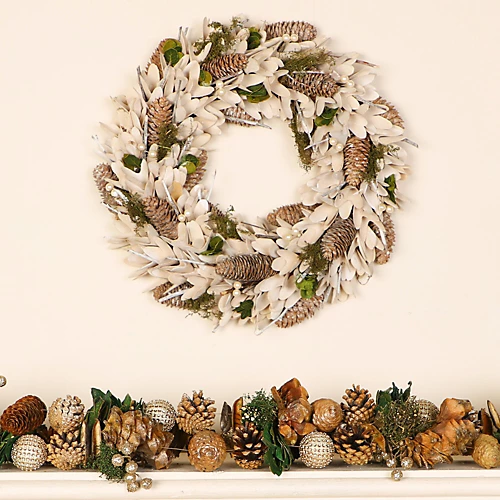Cream Gold Large Indoor 40cm Wreath And 1.55m Garland Christmas Decorations 1 Cream Gold Large Indoor 40cm Wreath And 1.55m Garland Christmas Decorations
