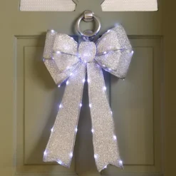Festive Silver Battery Operated Christmas Door Bow With 84 Warm White LEDs
