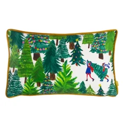 Furn. Christmas Together Tree Day Festive Printed Piped Velvet Polyester Filled Cushion