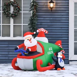 HOMCOM 4ft Christmas Inflatable Decoration With Santa Claus On Plane, Gift In Penguin, Light Up Blow Up Santa Outdoor, Xmas Décor