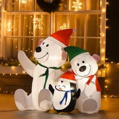HOMCOM 4ft Christmas Inflatable Decoration With Two Bears And Penguin Light Up Outdoor Blow Up Decorations Xmas Décor