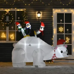 HOMCOM 5ft Outdoor Christmas Inflatable With LED Light, Lighted Blow Up Polar Bear With Three Penguins, Giant Yard Party Décor