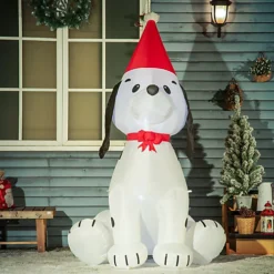 HOMCOM 6ft Inflatable Christmas Puppy Dog Wearing Santa Hat Lighted Outdoor Decoration Blow Up Decor For Holiday Indoor