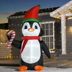 HOMCOM 8ft Inflatable Christmas Penguin Holding Candy Cane Blow Up Outdoor Decoration With LED Lights For Holiday